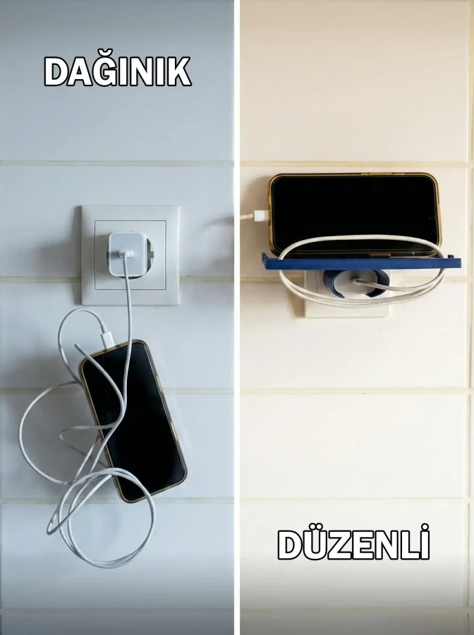 Duvar Tipi Telefon Şarj Standı – Priz Üstü Minimal Telefon Rafı & Kablo Düzenleyici (3D Baskı Modern Tasarım)